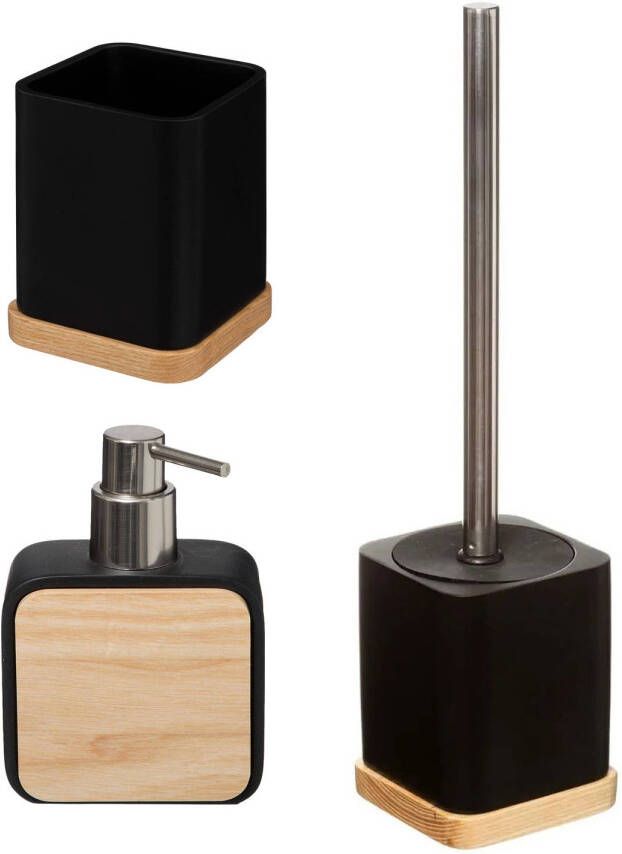 5Five Badkamer toilet accessoires set 3-delig zwart bamboe WC-borstel tandenborstelhouder zeeppompje Badkameraccessoir