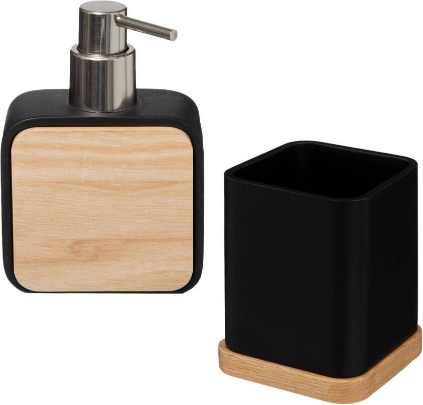 5Five Badkamer toilet accessoires set tandenborstelhouder en zeeppompje zwart bamboe 200 ml Badkameraccessoireset
