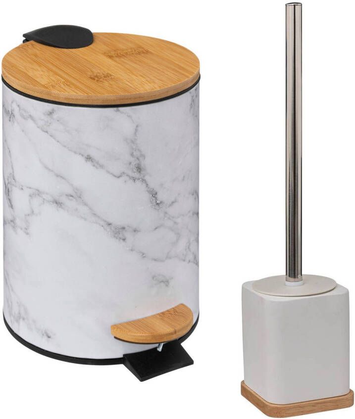 5Five Badkamer toilet accessoires set WC-borstel in houder en prullenbak wit bamboe 3 liter Badkameraccessoireset