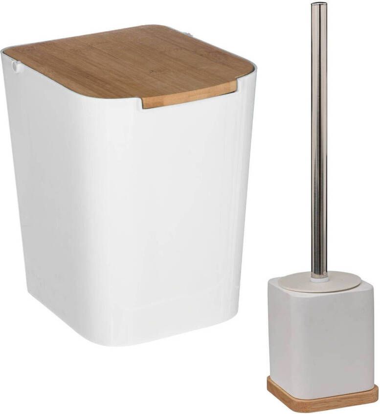 5Five Badkamer toilet accessoires set WC-borstel in houder en prullenbak wit bamboe 5 liter Badkameraccessoireset