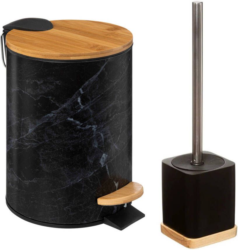 5Five Badkamer toilet accessoires set WC-borstel in houder en prullenbak zwart bamboe 3 liter Badkameraccessoireset