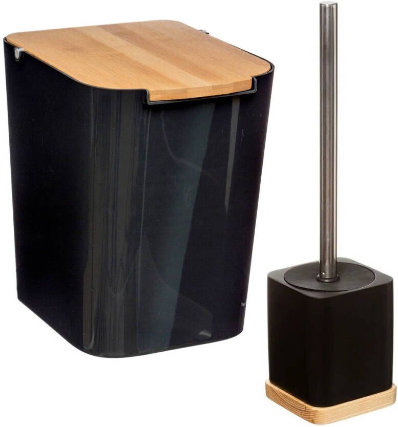 5Five Badkamer toilet accessoires set WC-borstel in houder en prullenbak zwart bamboe 5 liter Badkameraccessoireset