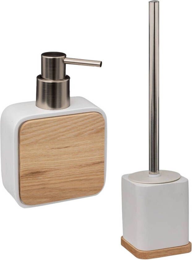 5Five Badkamer toilet accessoires set WC-borstel in houder en zeeppompje wit bamboe 200 ml Badkameraccessoireset