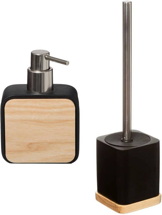 5Five Badkamer toilet accessoires set WC-borstel in houder en zeeppompje zwart bamboe 200 ml Badkameraccessoireset
