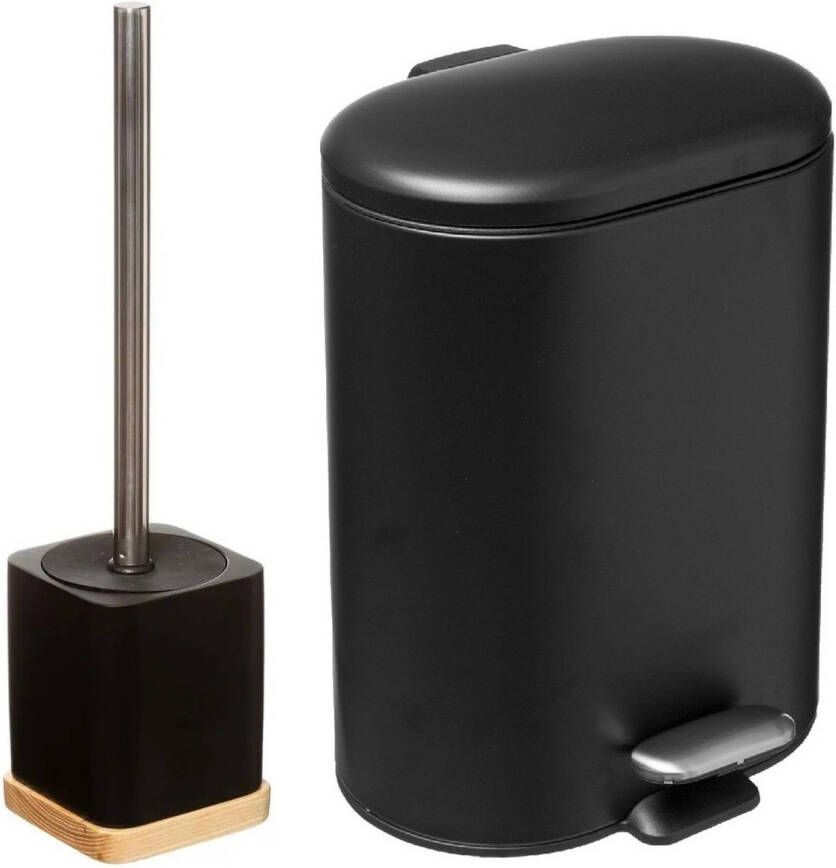 5Five Badkamer toilet accessoires WC-borstel pedaalemmer 6L- zwart Toiletaccessoireset