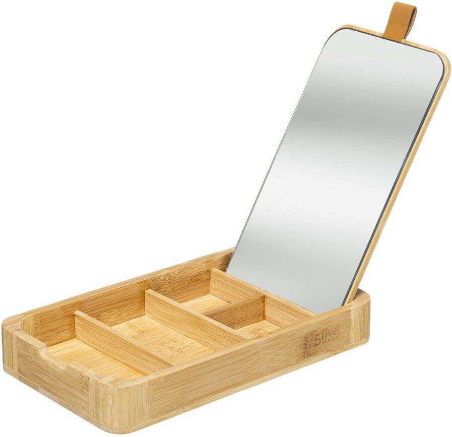 5Five Sieraden make-up houder box met spiegel rechthoek 24 x 3 cm van bamboe hout Make-up dozen