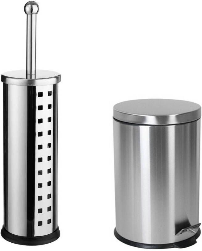 5Five Toiletborstel houder zilver rvs 39 cm met pedaalemmer 3 liter Badkameraccessoireset