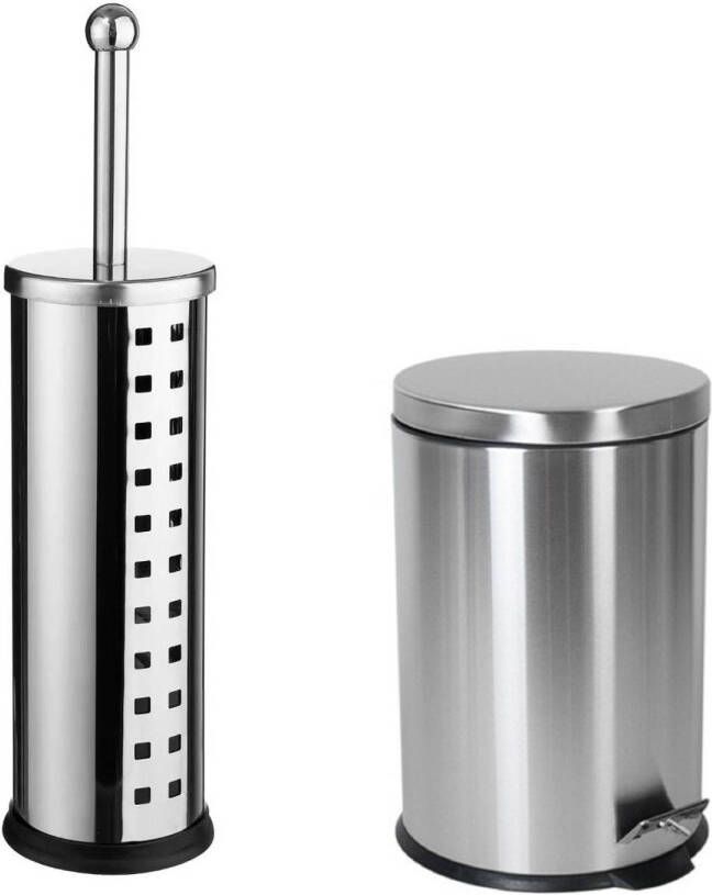 5Five Toiletborstel houder zilver rvs 39 cm met pedaalemmer 5 liter Badkameraccessoireset