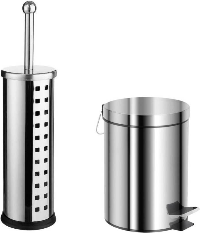 5Five Toiletborstel houder zilver rvs 39 cm met pedaalemmer 5 liter Badkameraccessoireset