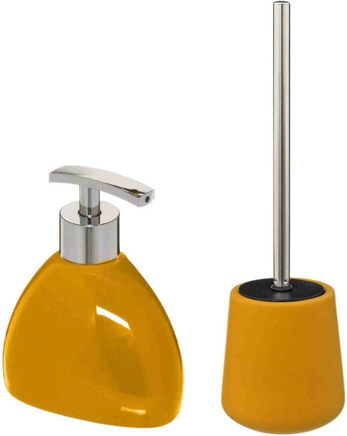 5Five WC- toiletborstel en houder zandsteen mosterd geel met zeeppompje Badkameraccessoireset