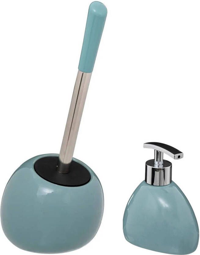 5Five WC- toiletborstel in houder ijsblauw keramiek met zeeppompje 300 ml Badkameraccessoireset