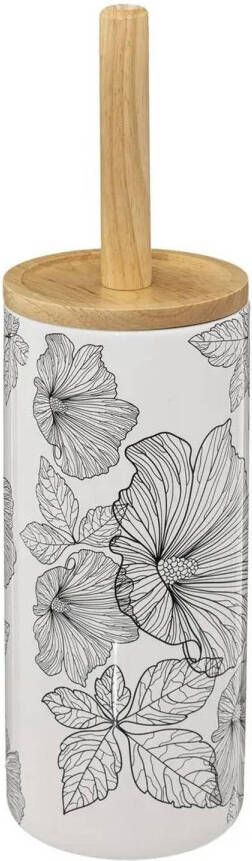 5Five WC- toiletborstel met houder rond wit zwart met hibiscus bloemen patroon zandsteen bamboe 38 cm Toiletborstels
