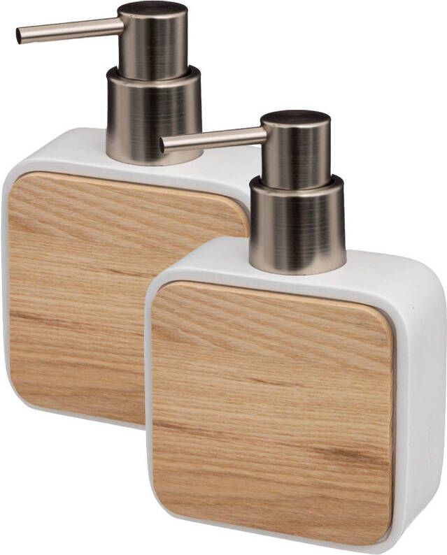 5Five zeeppompje zeepdispenser 2x stuks wit 10 x 15 cm 200 ml bamboe kunststeen badkamer Zeeppompjes