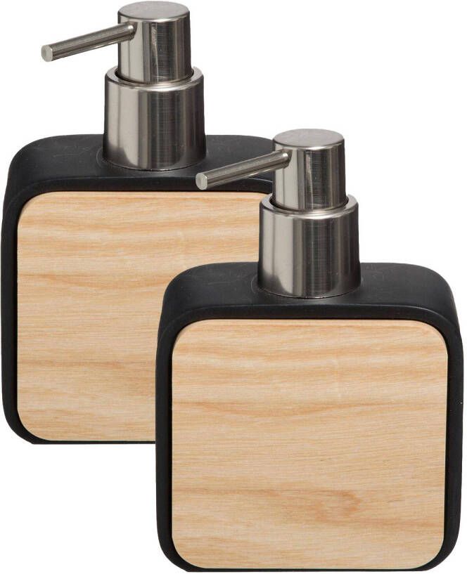 5Five zeeppompje zeepdispenser 2x zwart 10 x 15 cm 200 ml bamboe kunststeen badkamer Zeeppompjes