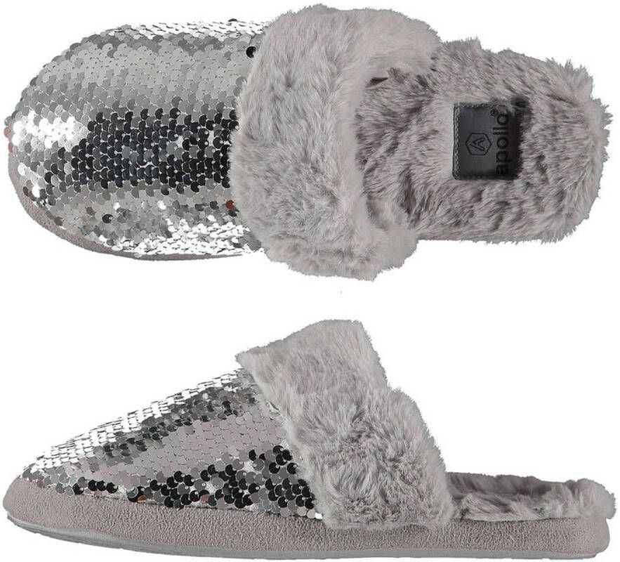 Apollo Dames instap slippers pantoffels met pailletten grijs maat 39-40 Sloffen volwassenen
