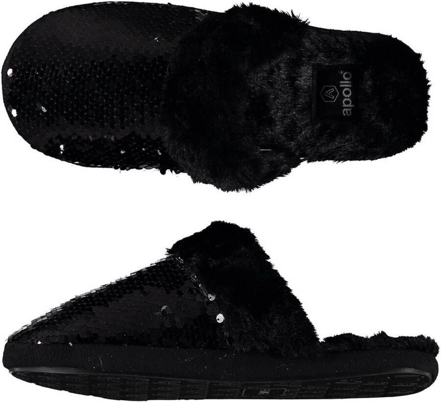 Apollo Dames instap slippers pantoffels met pailletten zwart maat 41-42 Sloffen volwassenen