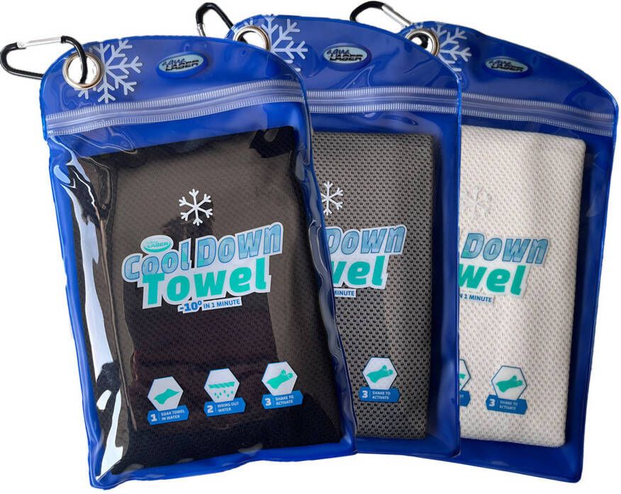 Aqua Laser Cool Down Towel Wit Grijs Zwart Set van 3 Cooling Verkoelende handdoek