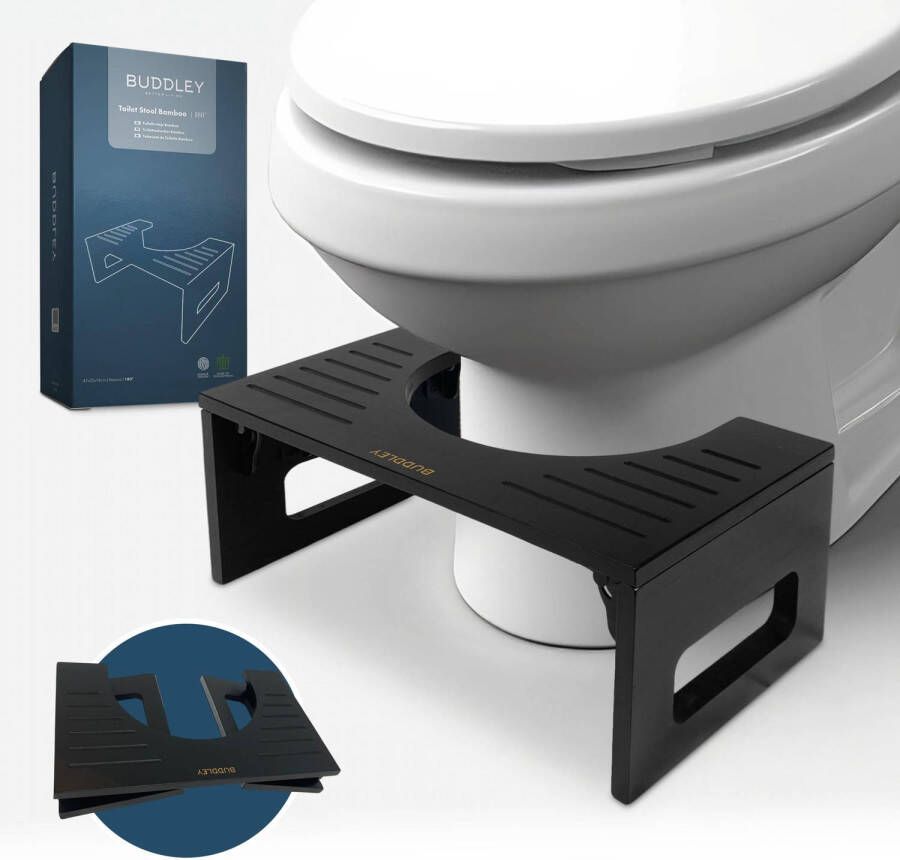 BUDDLEY Toiletkrukje Bamboe Inklapbaar Zwart Opvouwbaar Opstapkrukje WC Krukje Volwassenen WC Krukje voor de juiste houding
