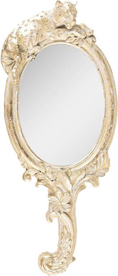 Clayre & Eef Handspiegel 12x23 cm Goudkleurig Kunststof Glas Luipaard Make up Spiegel Cadeau voor haar
