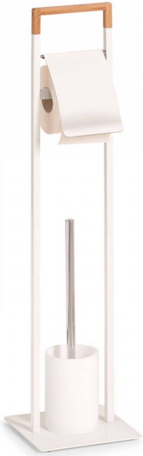 Zeller Toiletborstelhouder inclusief WC-rolhouder en borstel wit metaal bamboe 75 cm Toiletborstels