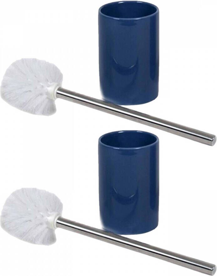 Gerimport 2x stuks wc toiletborstels inclusief houders blauw zilver 37 cm van RVS keramiek Toiletborstels