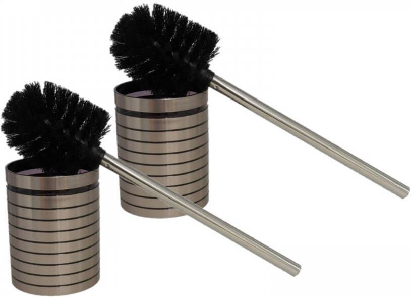 Gerimport 2x stuks WC Toiletborstels met houder kunststof zilver met zwarte ragebol Toiletborstels
