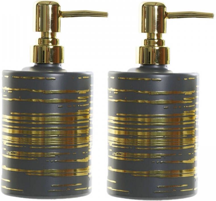Items 2x stuks zeeppompjes zeepdispensers grijs met gouden strepen van glas 450 ml Zeeppompjes