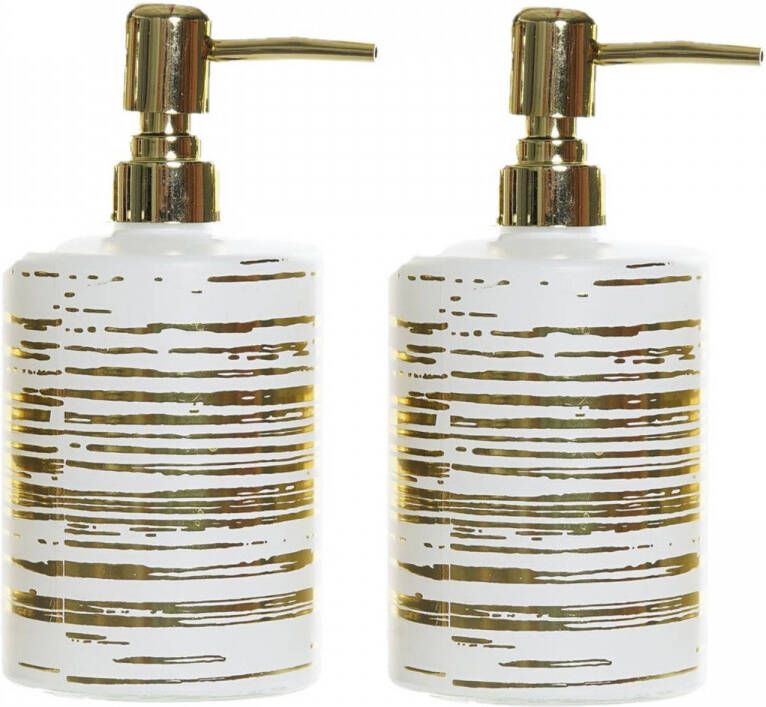 Items 2x stuks zeeppompjes zeepdispensers wit met gouden strepen van glas 450 ml Zeeppompjes