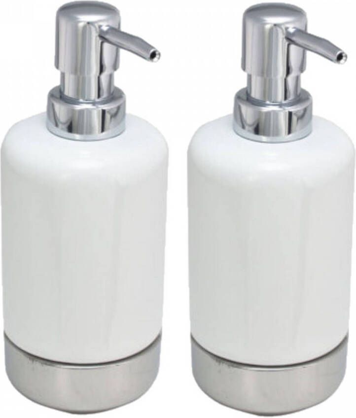 Svenska Living 2x stuks zeeppompjes zeepdispensers wit zilver keramiek 300 ml Zeeppompjes