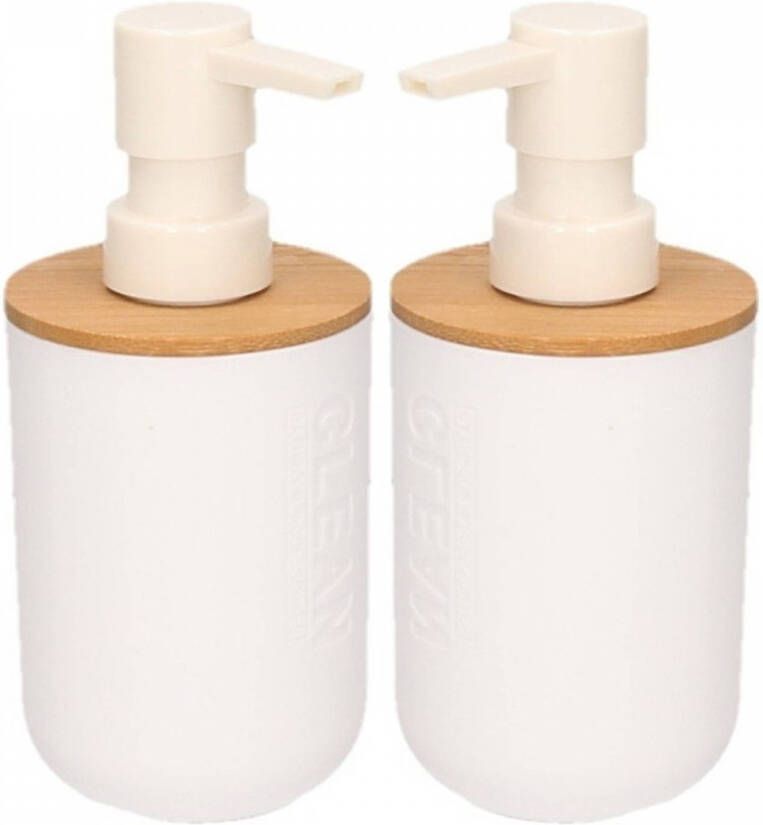 Merkloos 2x Plastic badkamer zeeppompje met bamboe 16 5 cm Zeeppompjes