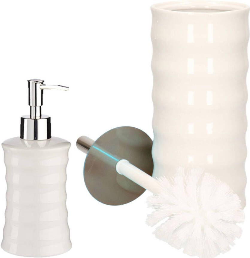 Merkloos Badkamer accessoires set 2-delig creme wit van keramiek Badkameraccessoireset