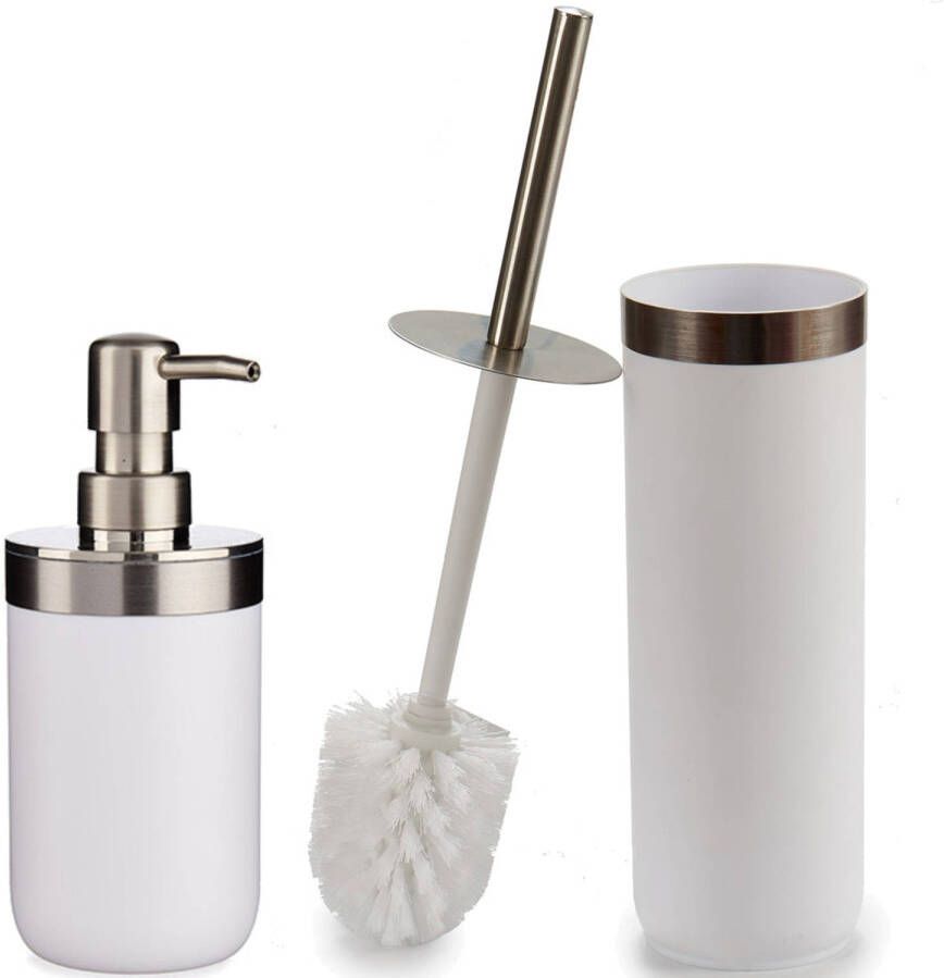 Merkloos Badkamer accessoires set 2-delig creme wit zeeppompje en toiletborstel Badkameraccessoireset