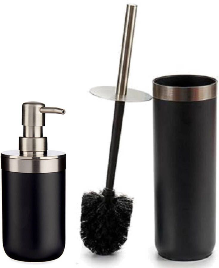Merkloos Badkamer accessoires set 2-delig zwart zeeppompje en toiletborstel Badkameraccessoireset