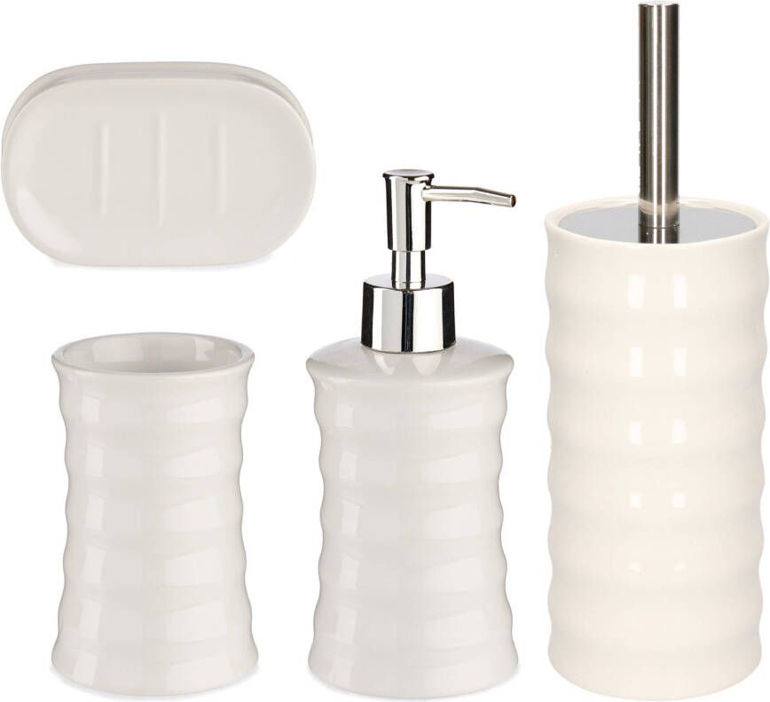 Merkloos Badkamer accessoires set 4-delig creme wit van keramiek Badkameraccessoireset