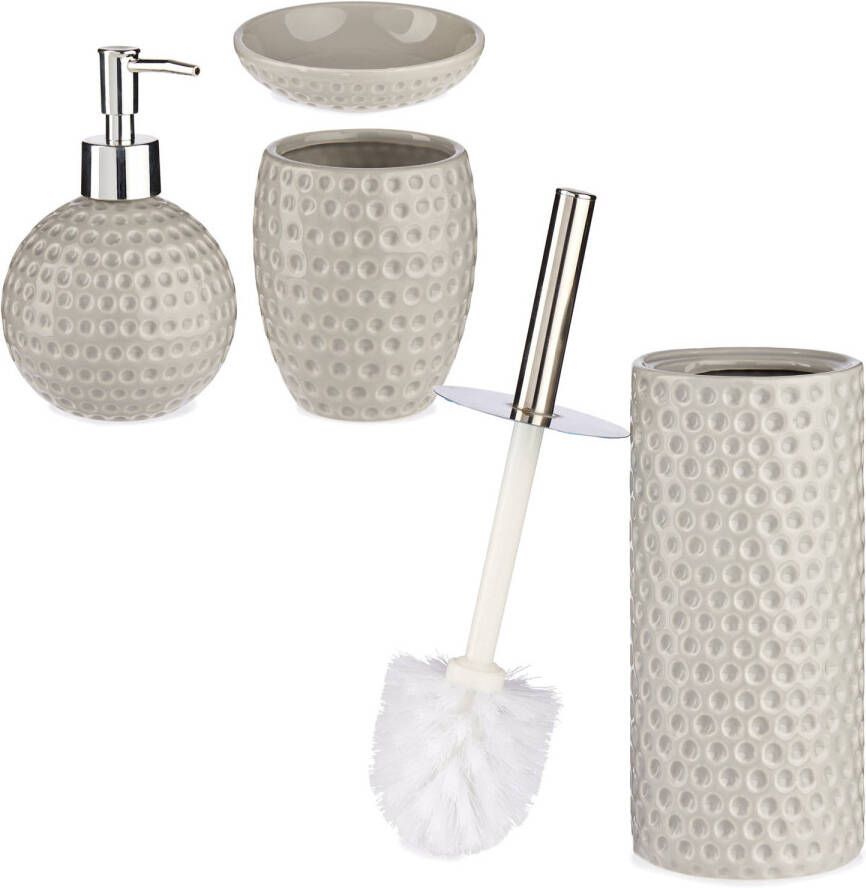 Merkloos Badkamer accessoires set 4-delig kiezelgrijs taupe van keramiek Badkameraccessoireset