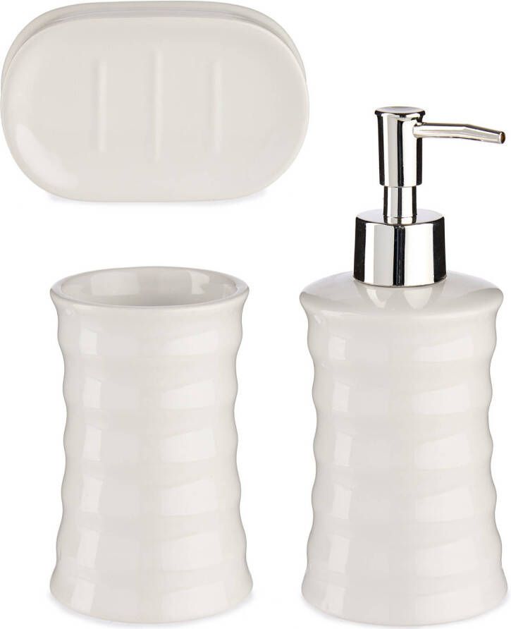 Merkloos Badkamer accessoires set met strepen 3-delig creme wit van keramiek Badkameraccessoireset