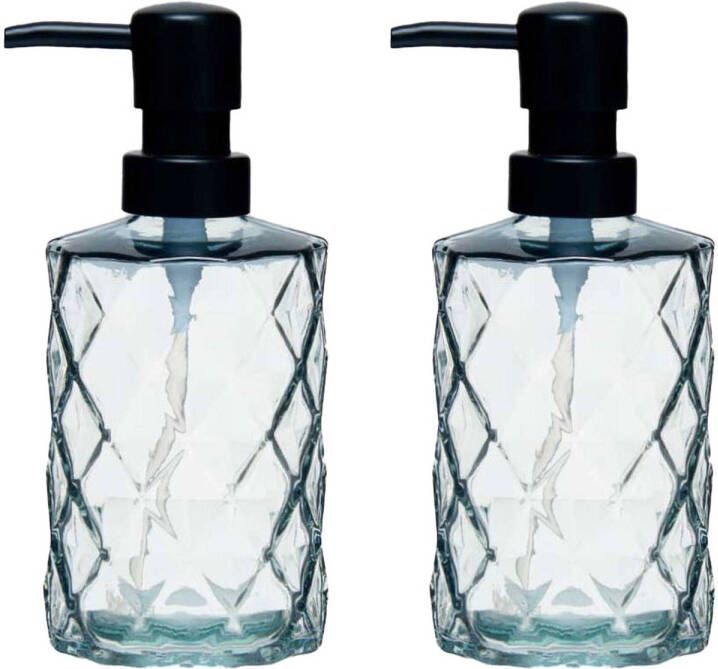 Merkloos Berilo zeeppompje dispenser Diamond 2x Misty transparant glas 18 x 7 cm 410 ml Zeeppompjes