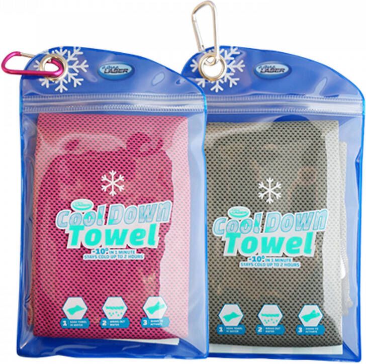 Aqua Laser Cool Down Towel Grijs Roze Set van 2 Cooling Verkoelende handdoek