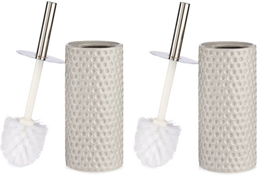 Merkloos Set van 2x stuks toiletborstel wc-borstel kiezelgrijs met stippen keramiek 31 cm Toiletborstels