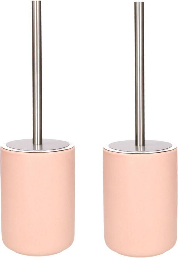 Merkloos Set van 2x stuks wC-borstel toiletborstel inclusief houder zalm roze 38 cm van steen Toiletborstels