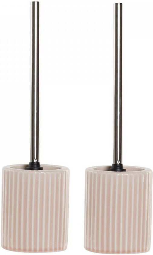 Items Set van 2x stuks wc toiletborstels 40 cm met toiletborstelhouder roze keramiek Toiletborstels