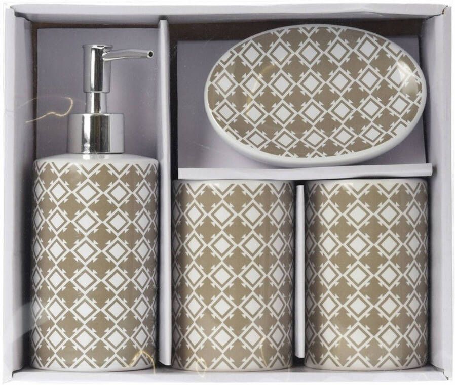 Merkloos Badkamer accessoireset 4-delig taupe wit Badkameraccessoireset