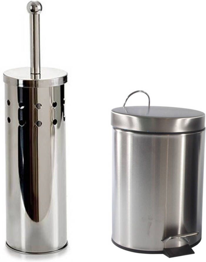 Merkloos Toiletborstel houder zilver rvs 38 cm met pedaalemmer 3 liter Badkameraccessoireset