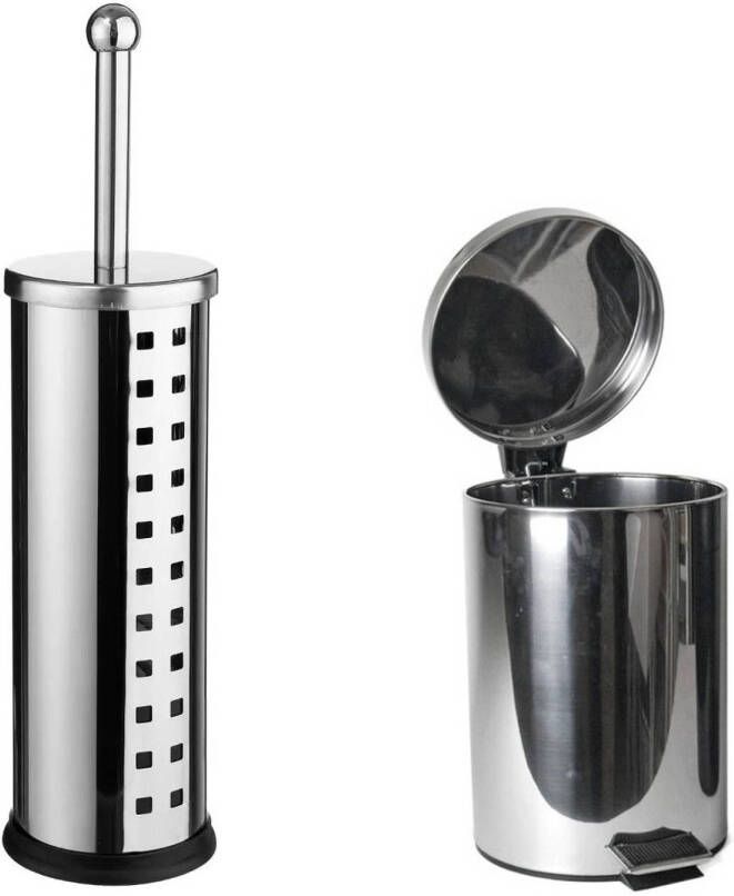 Merkloos Toiletborstel houder zilver rvs 39 cm met pedaalemmer 3 liter Badkameraccessoireset