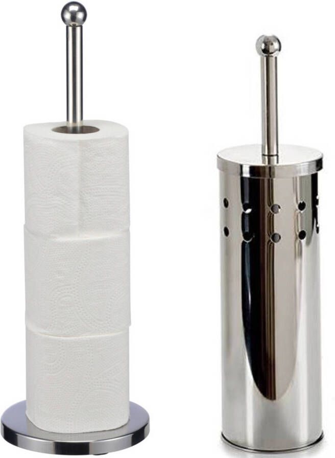 Merkloos WC- toiletborstel in houder 40 cm met wc-rollen houder rvs zilver Badkameraccessoireset