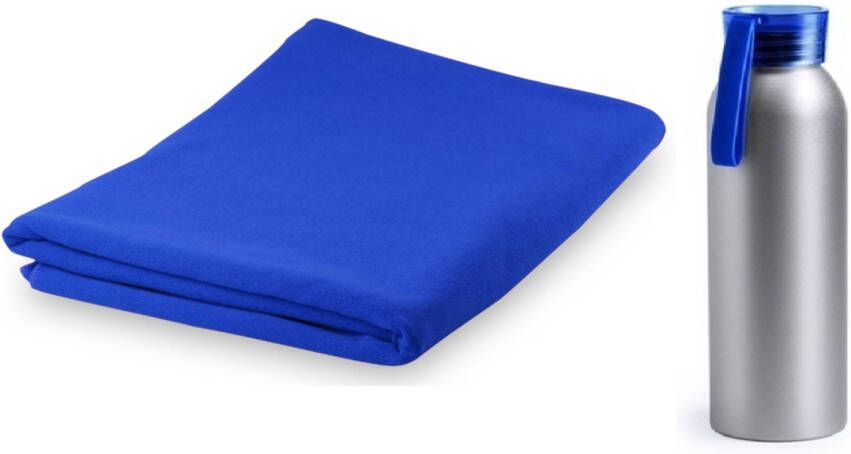 Merkloos Yoga wellness microvezel handdoek en waterfles blauw Sporthanddoeken