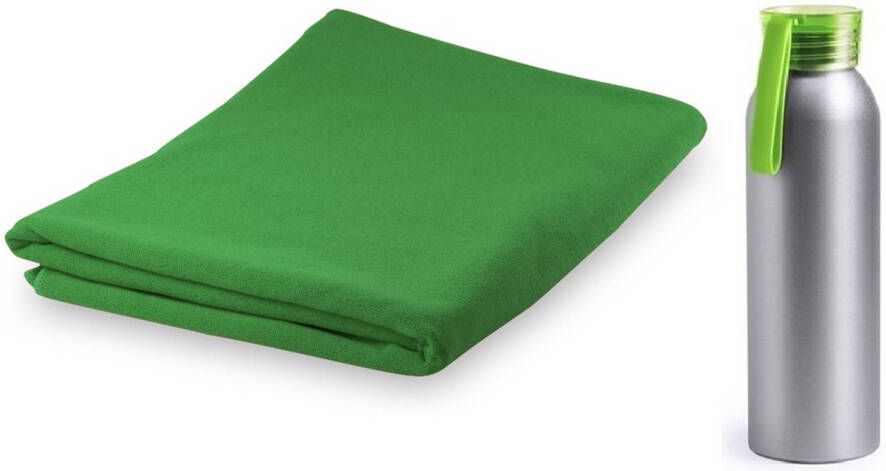 Merkloos Yoga wellness microvezel handdoek en waterfles groen Sporthanddoeken