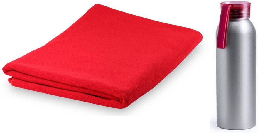 Merkloos Yoga wellness microvezel handdoek en waterfles rood Sporthanddoeken