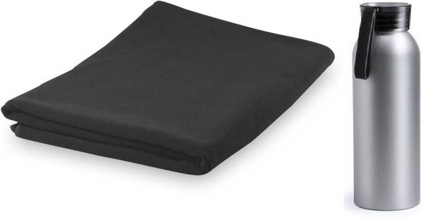 Merkloos Yoga wellness microvezel handdoek en waterfles zwart Sporthanddoeken