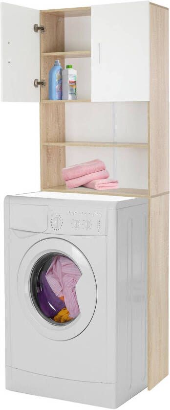 ECD Germany Wasmachinekast met 2 deuren en 2 open vakken 190x62 5 cm wit Sonoma eik badkamermeubel voor wasmachine